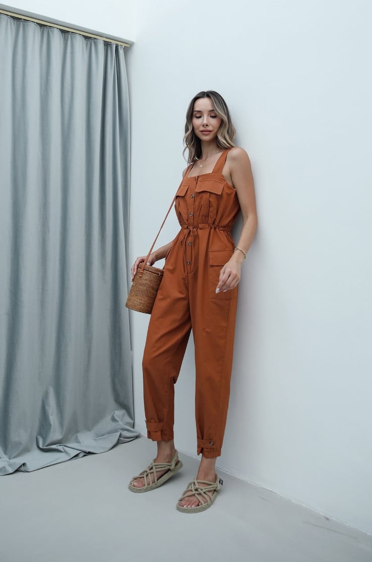 Camel Beli Büzgülü Askılı Tulum