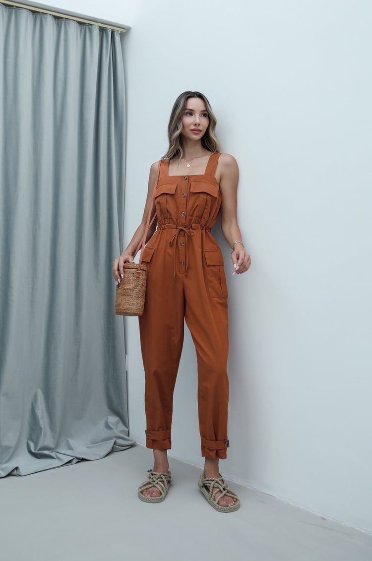 Camel Beli Büzgülü Askılı Tulum