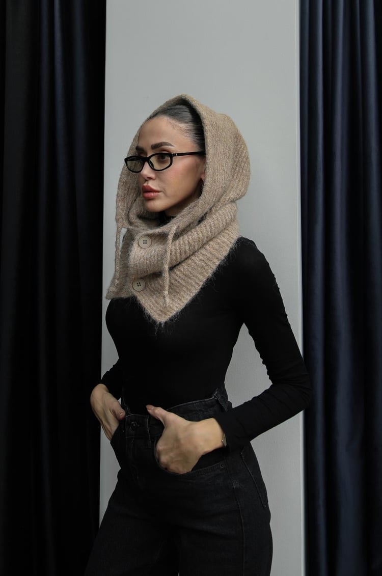 Camel Düğmeli Yün Balaclava