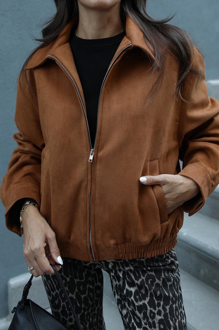 Camel Fermuarlı Süet Bomber Ceket