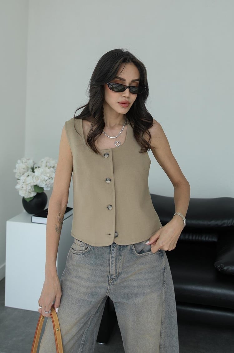 Camel Kare Yaka Yelek