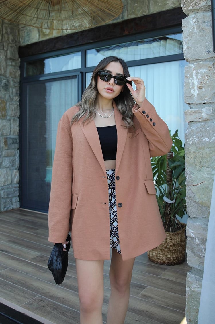 Camel Keten Oversize Blazer Ceket
