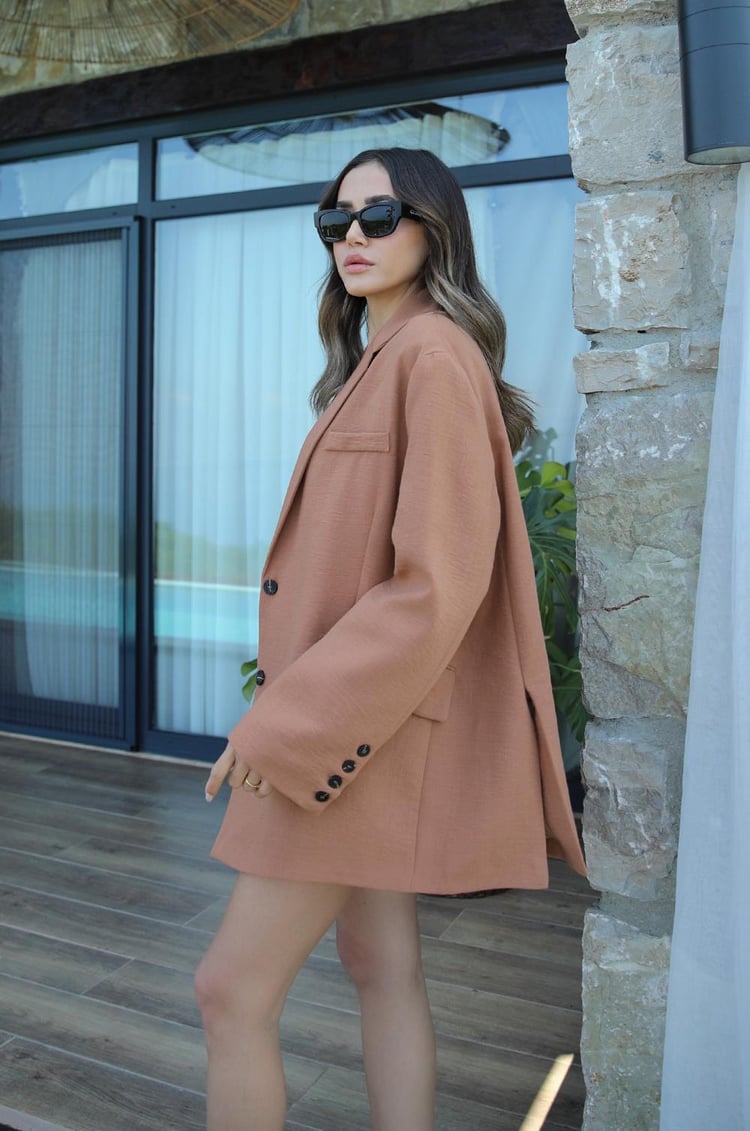Camel Keten Oversize Blazer Ceket