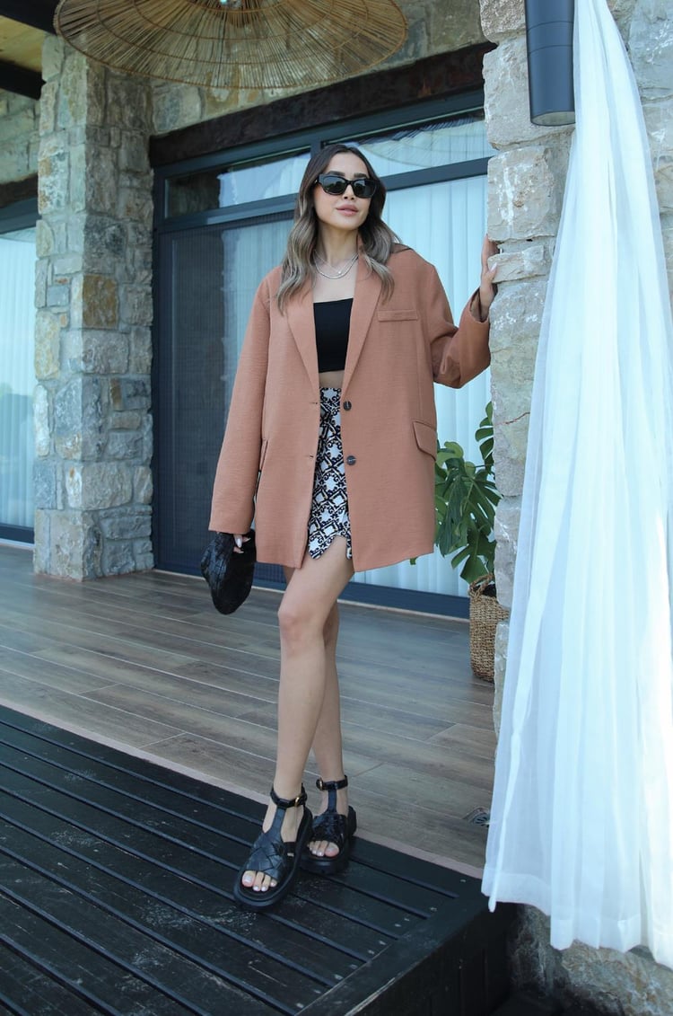 Camel Keten Oversize Blazer Ceket