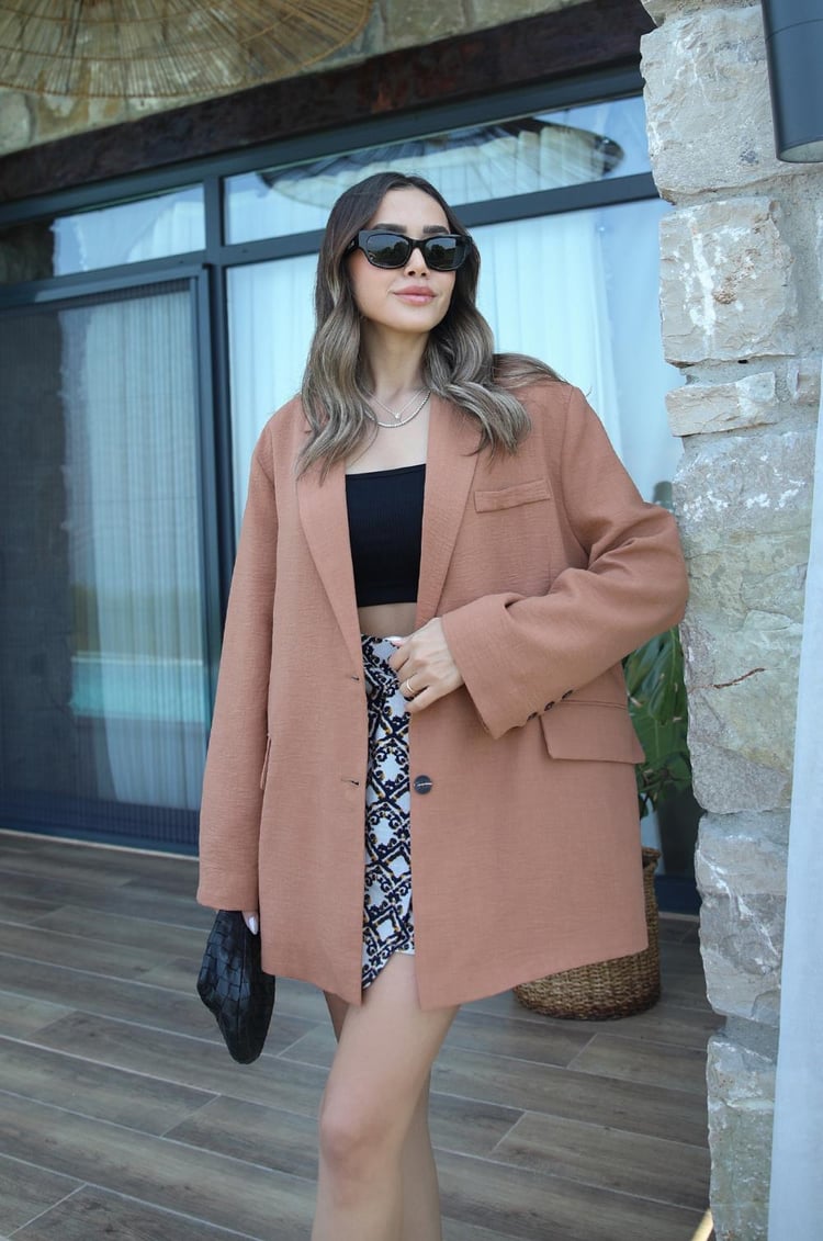 Camel Keten Oversize Blazer Ceket