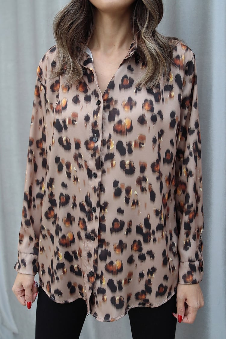 Camel Leopar Desenli Saten Gömlek