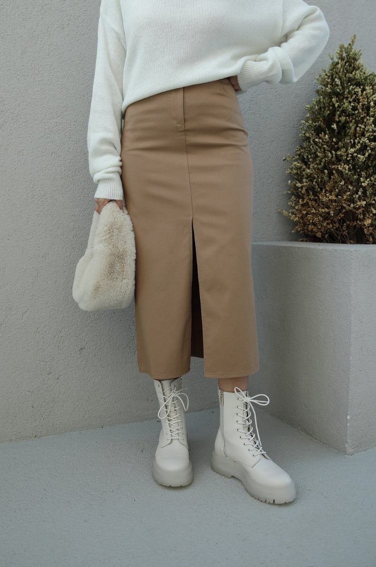 Camel Önü Yırtmaçlı Longoria Etek