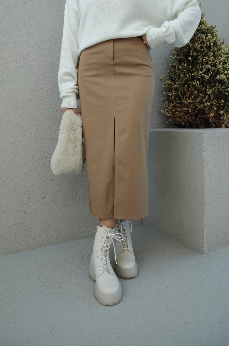 Camel Önü Yırtmaçlı Longoria Etek