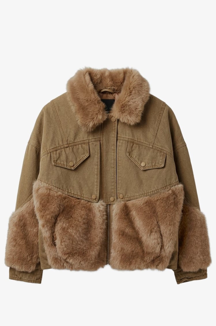 Camel Peluş Kürk Garnili Denim Mont