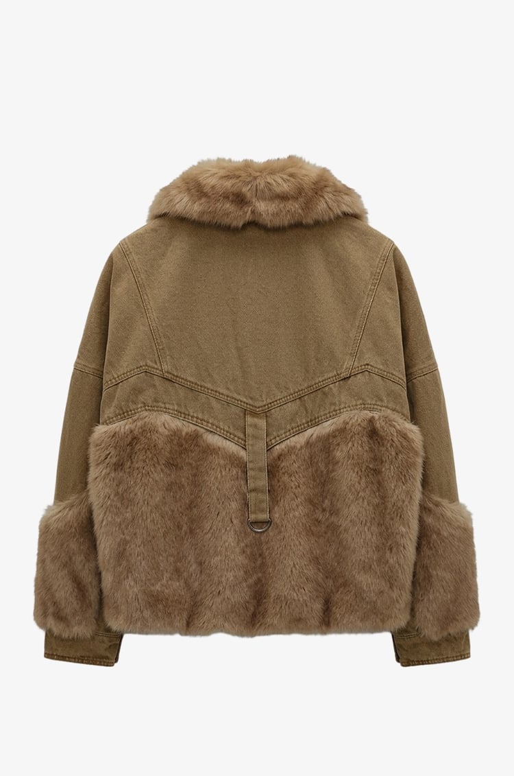 Camel Peluş Kürk Garnili Denim Mont