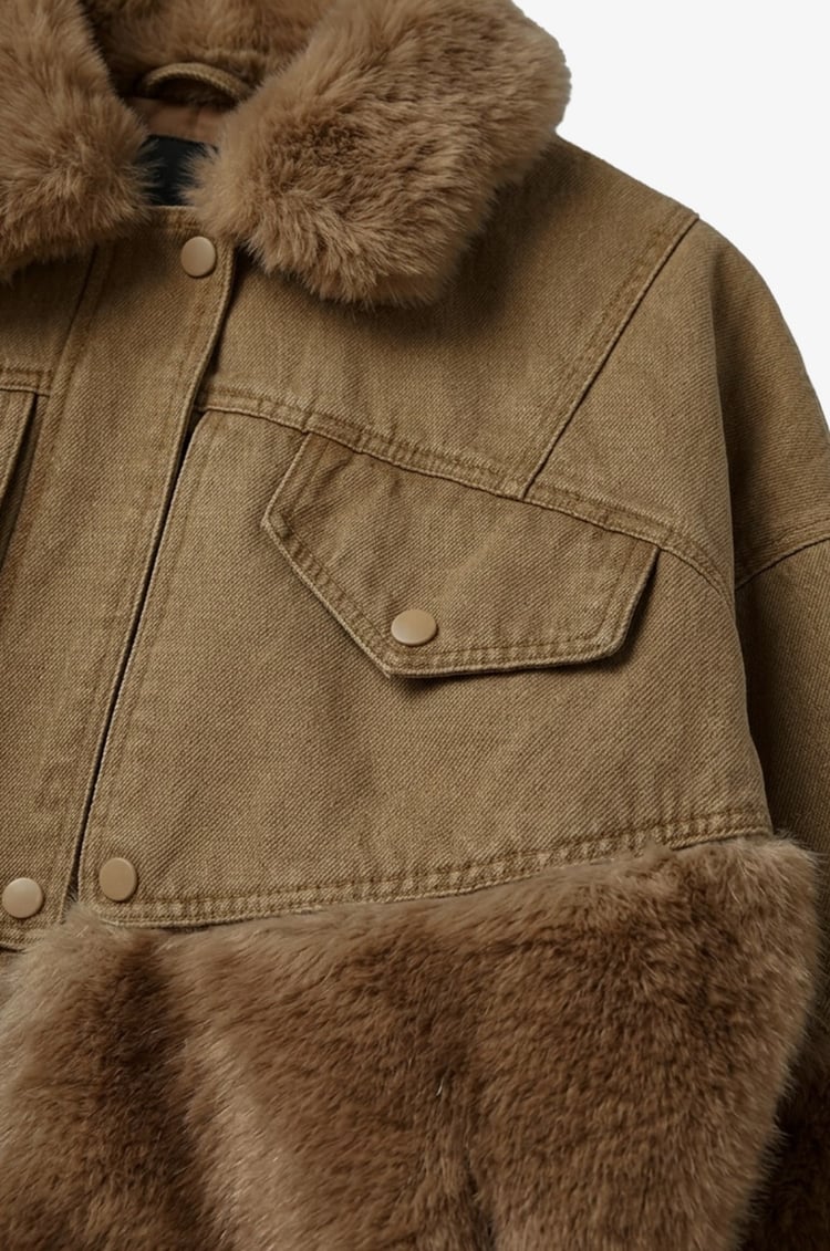 Camel Peluş Kürk Garnili Denim Mont