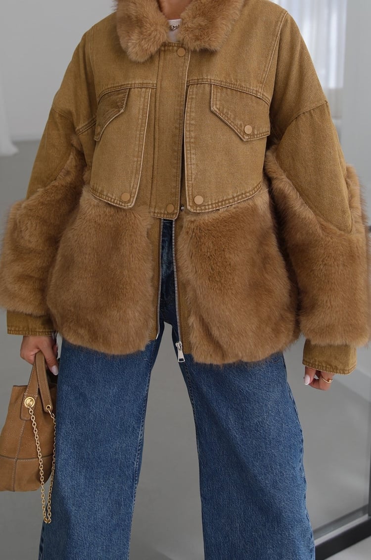 Camel Peluş Kürk Garnili Denim Mont