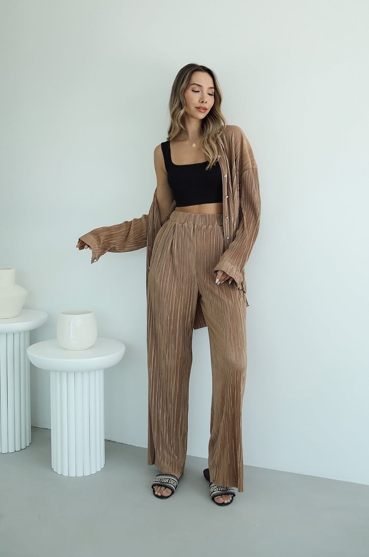 Camel Piliseli Gömlek Pantolon Tasarım Takım