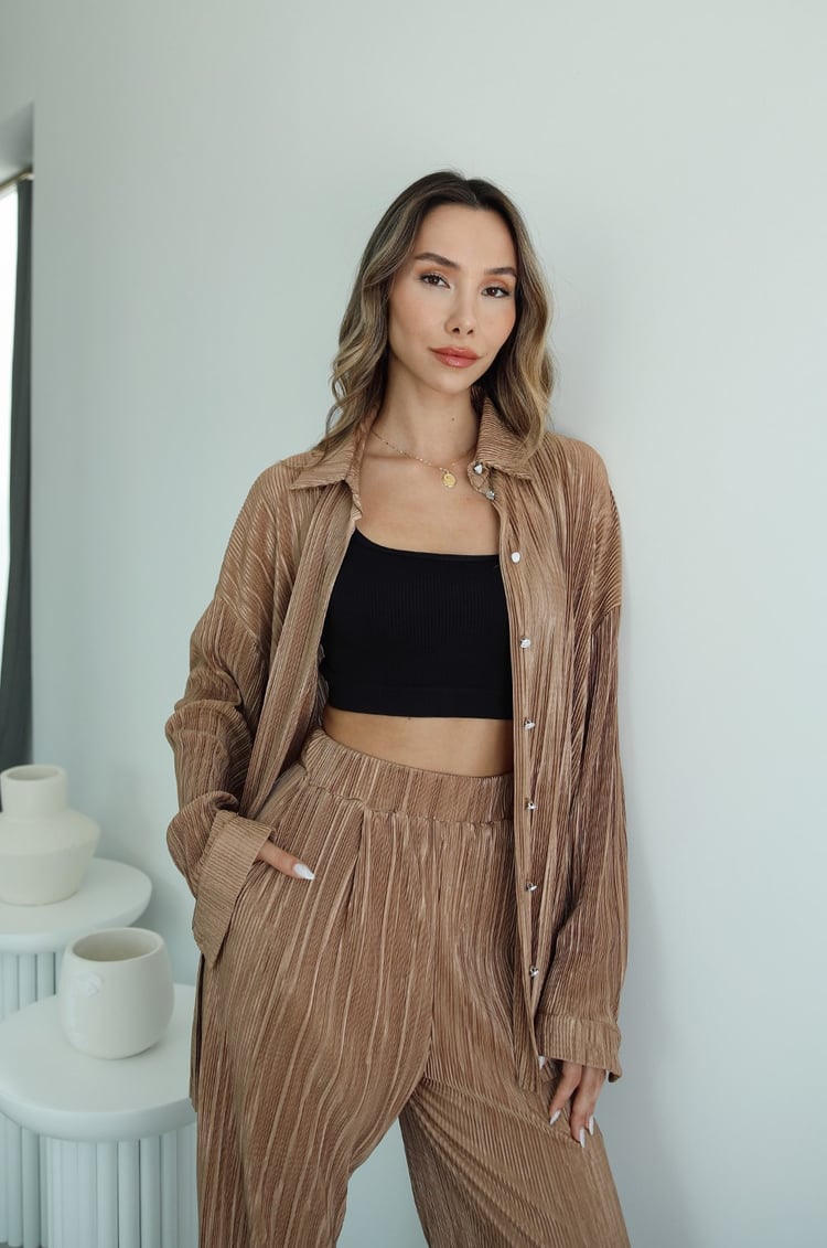Camel Piliseli Gömlek Pantolon Tasarım Takım
