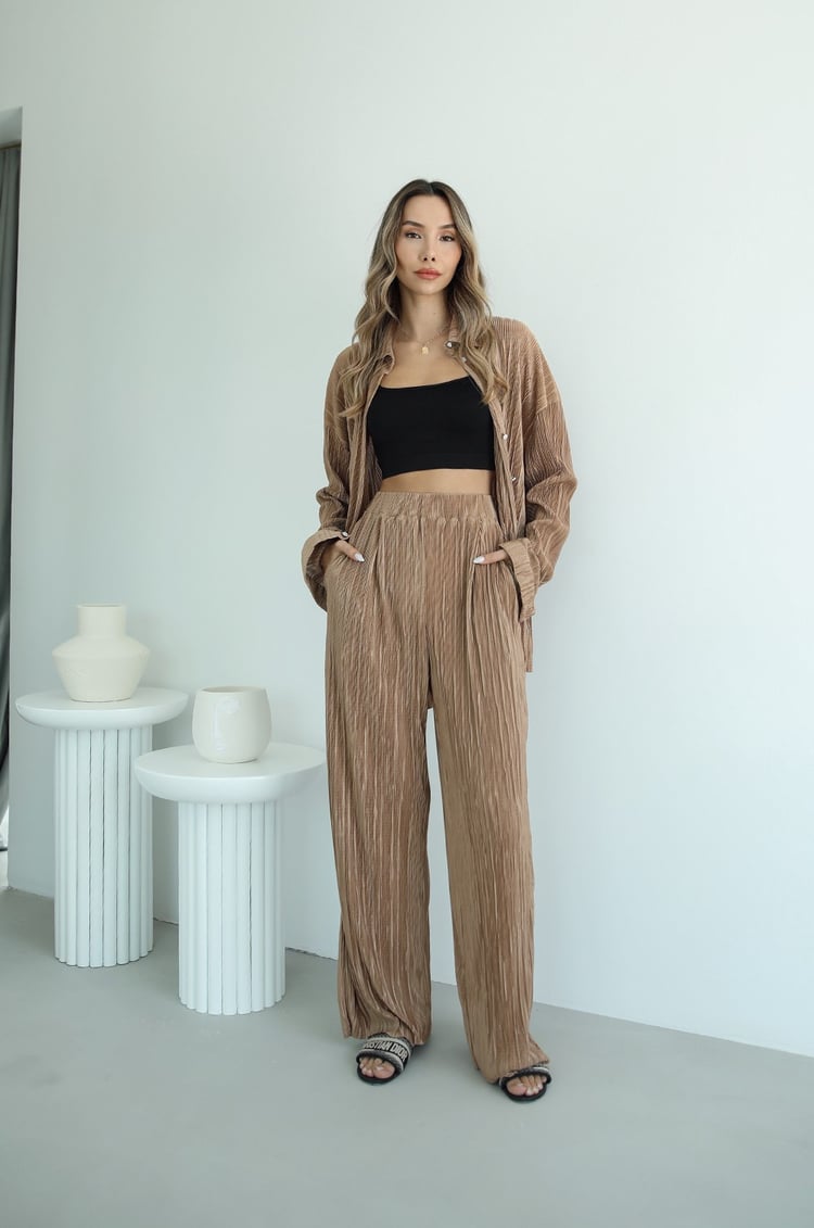Camel Piliseli Gömlek Pantolon Tasarım Takım