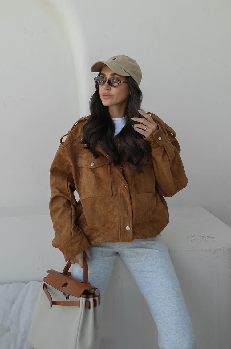 Camel Premium Fabric Deri Süet Ceket