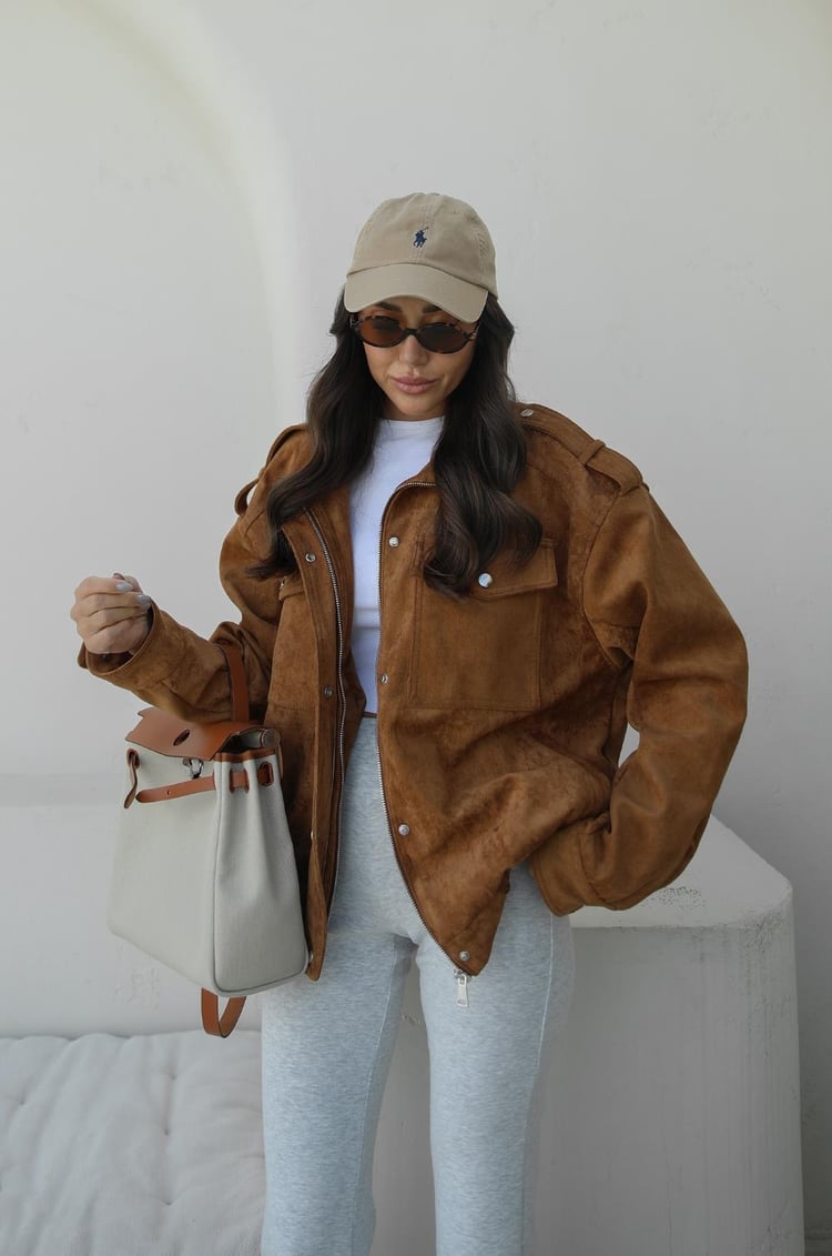 Camel Premium Fabric Deri Süet Ceket