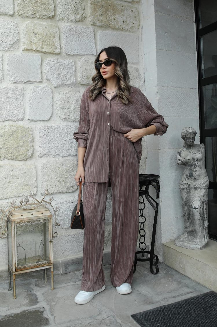 Camel Simple Piliseli Gömlek Pantolon Takım