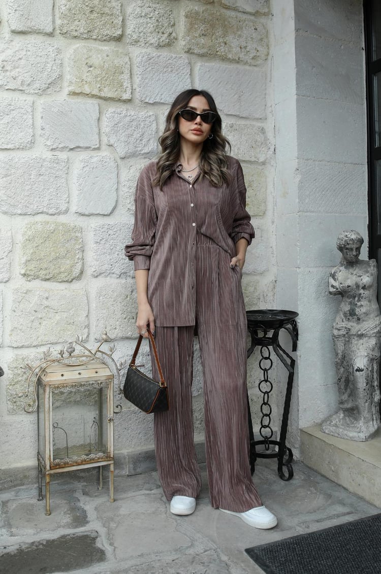 Camel Simple Piliseli Gömlek Pantolon Takım