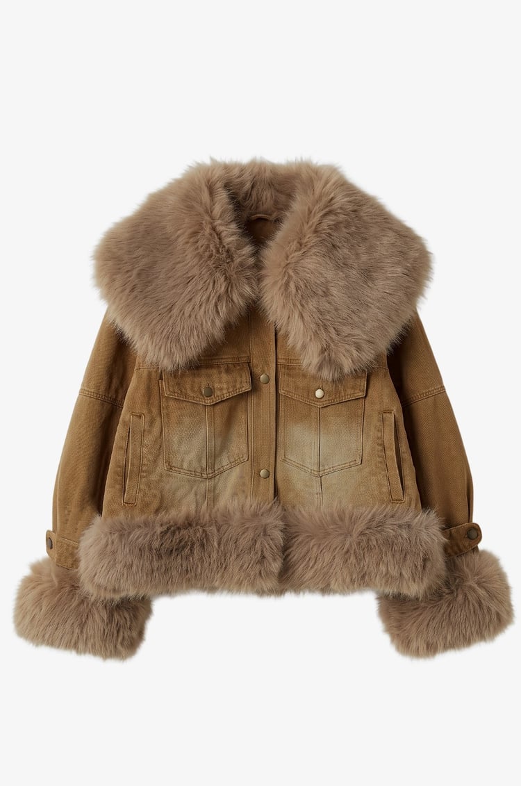 Camel Vintage Kürk Detaylı Denim Mont