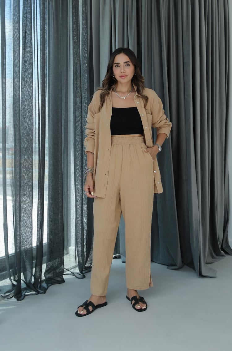 Camel Yırtmaçlı Pantolon Gömlek Müslin Takım