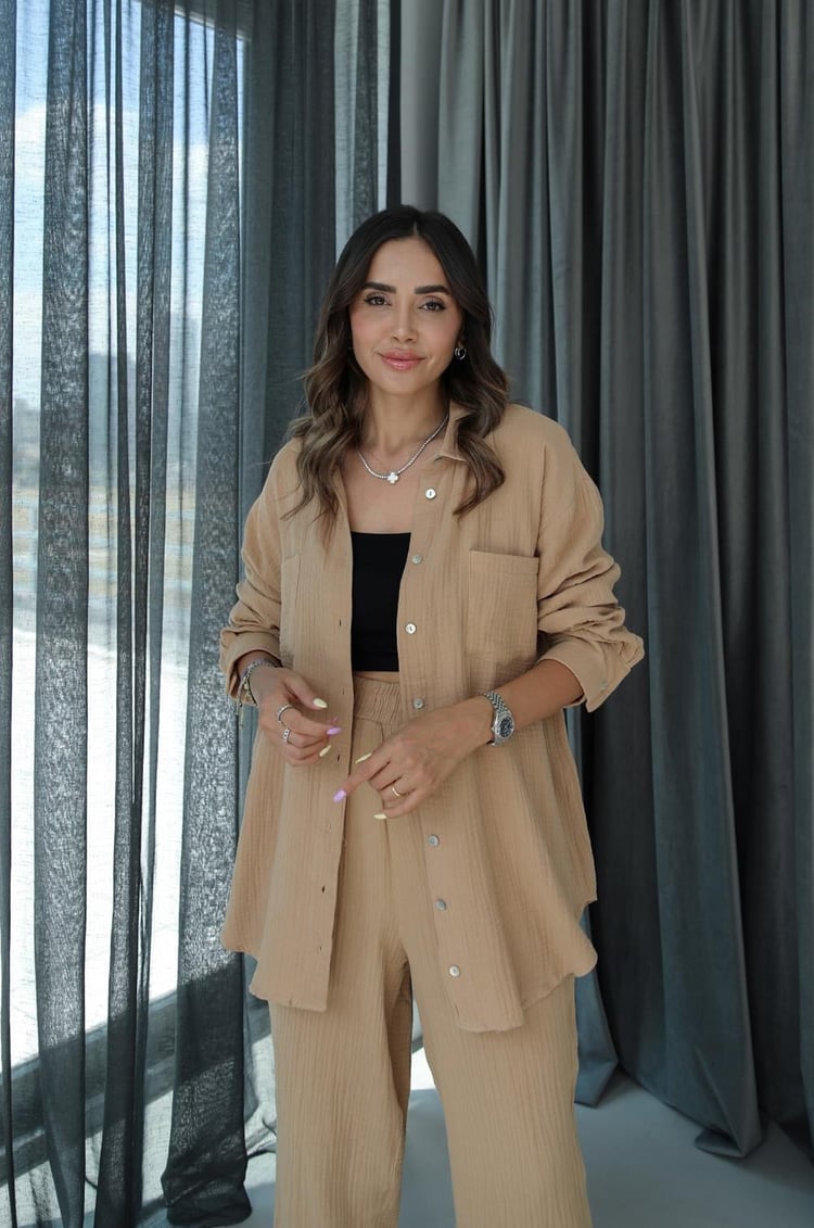 Camel Yırtmaçlı Pantolon Gömlek Müslin Takım