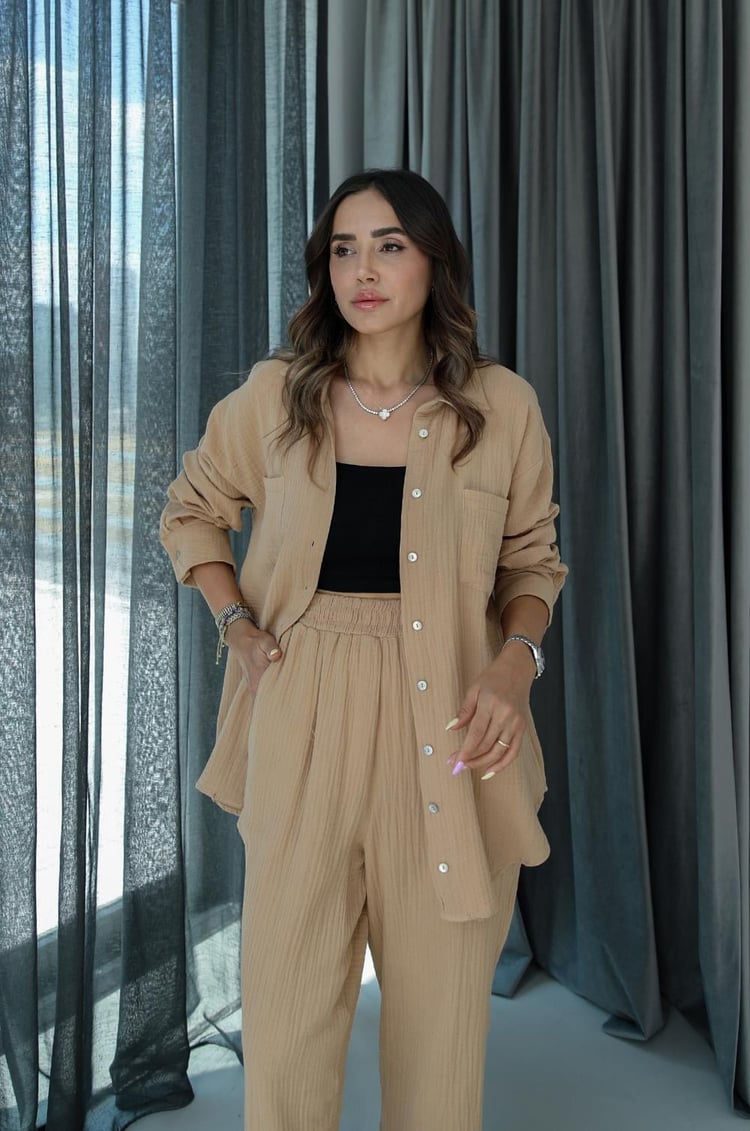 Camel Yırtmaçlı Pantolon Gömlek Müslin Takım