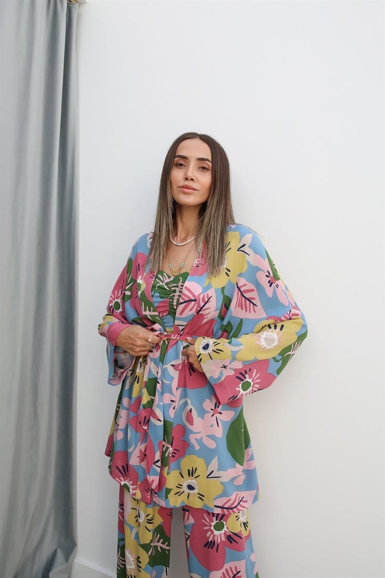 Çok Renkli Pantolon Büstiyer Kimono Takım