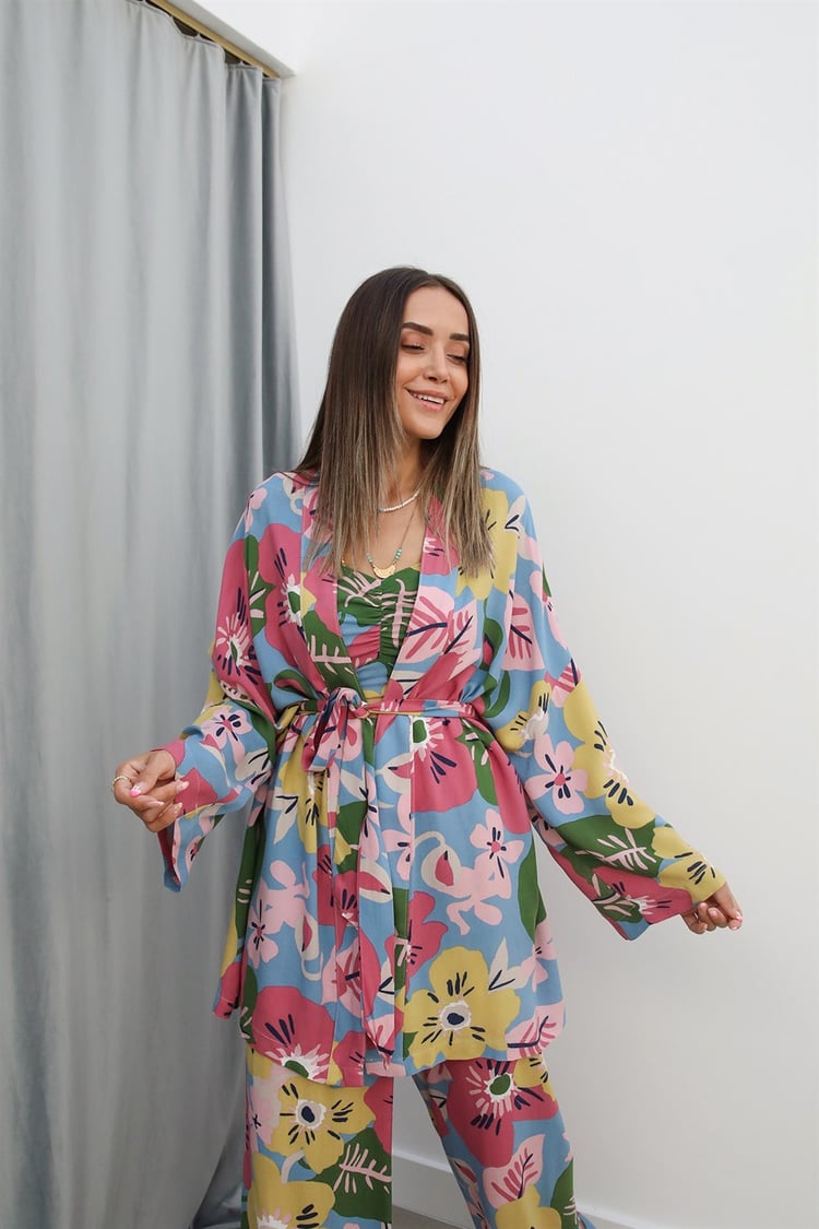 Çok Renkli Pantolon Büstiyer Kimono Takım