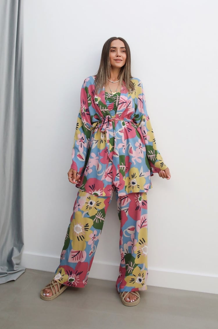 Çok Renkli Pantolon Büstiyer Kimono Takım