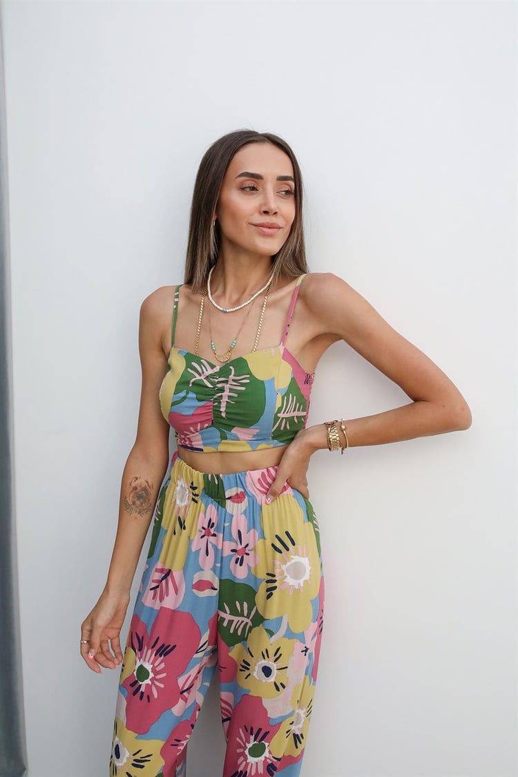 Çok Renkli Pantolon Büstiyer Kimono Takım