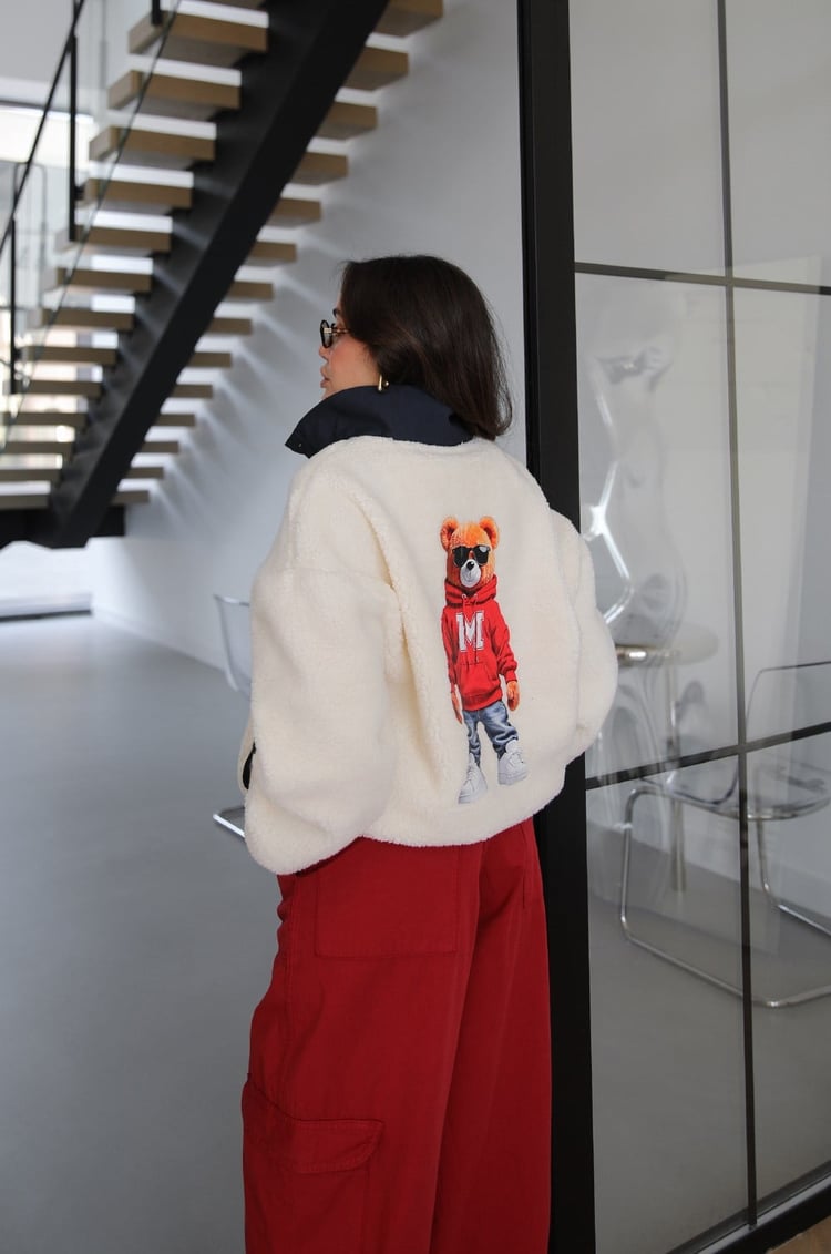 Ekru Arkası Ayıcık Baskılı Polar Sweat