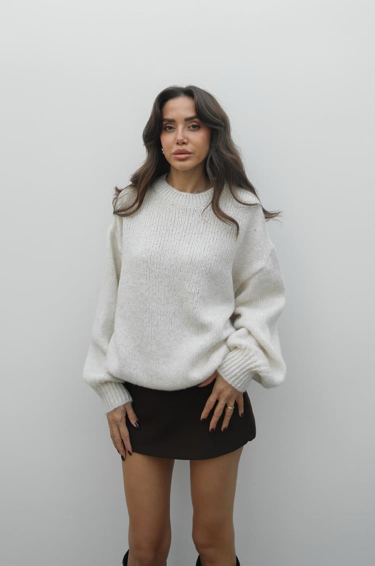 Ekru Balon Kol Bisiklet Yaka Kazak