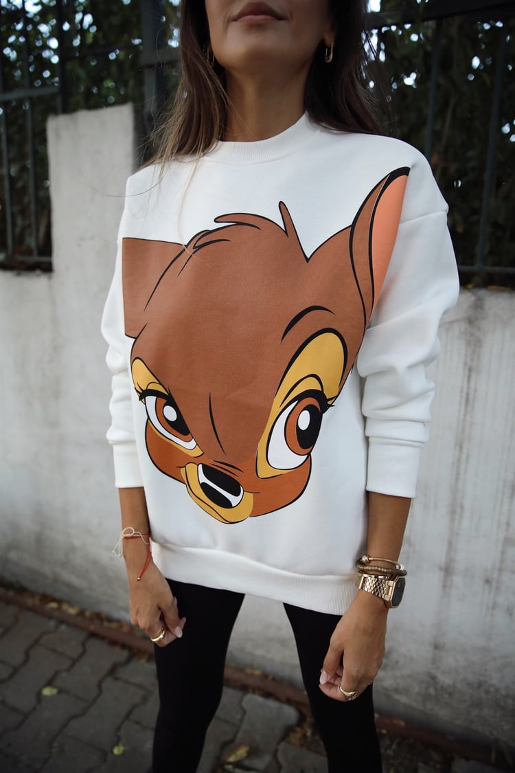 Ekru Bambi Baskılı Sweatshirt