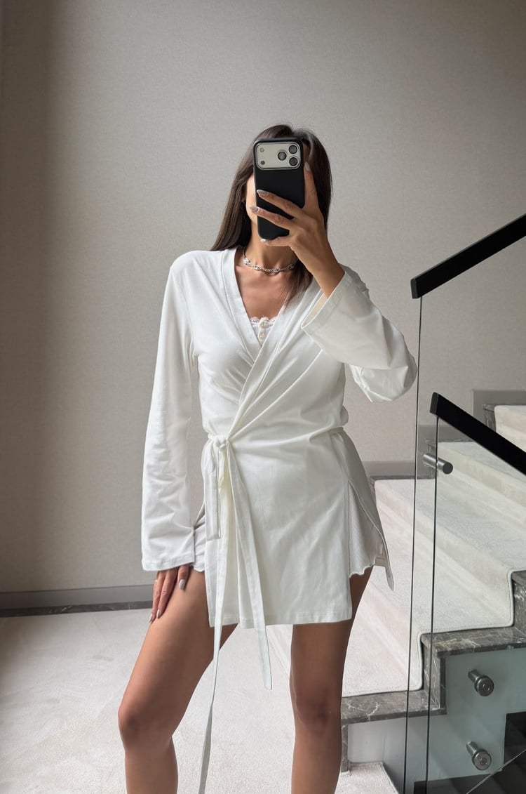 Ekru Belden Bağlamalı Ultra Soft Kimono