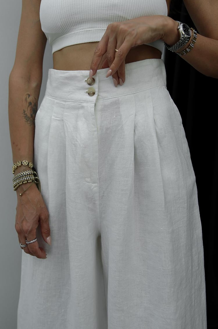 Ekru Beli Çift Düğmeli Keten Pantolon