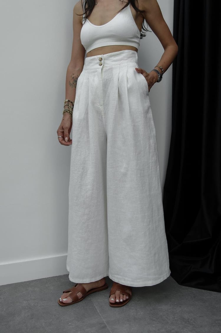 Ekru Beli Çift Düğmeli Keten Pantolon