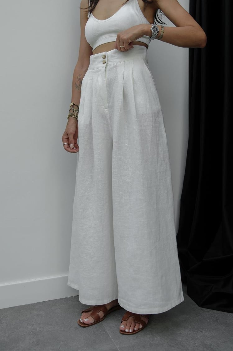 Ekru Beli Çift Düğmeli Keten Pantolon