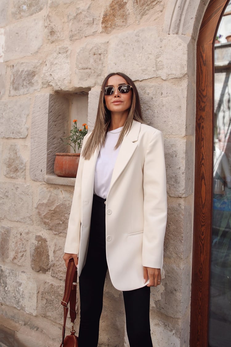 Ekru Blazer Deri Ceket