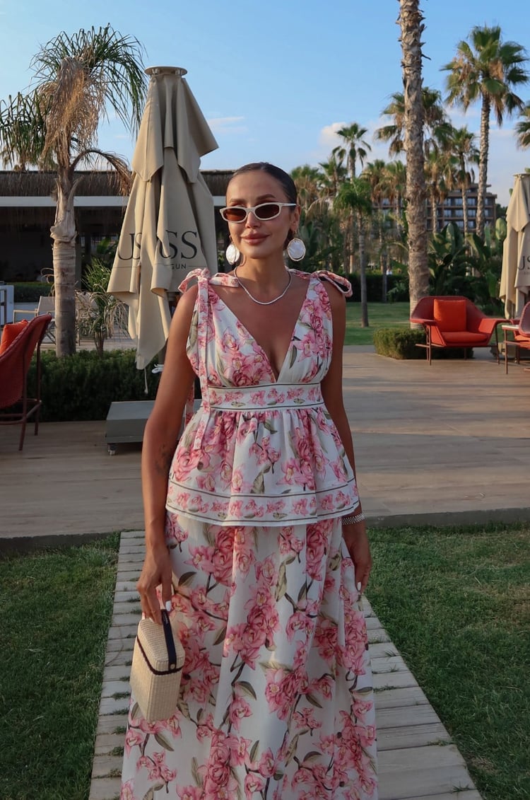 Ekru Bloom Çiçek Desenli Elbise