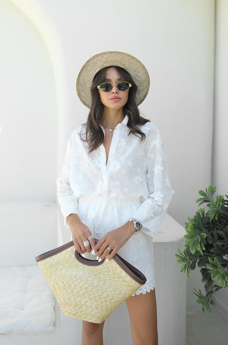 Ekru Çiçek İşlemeli Gömlek Şort Takım