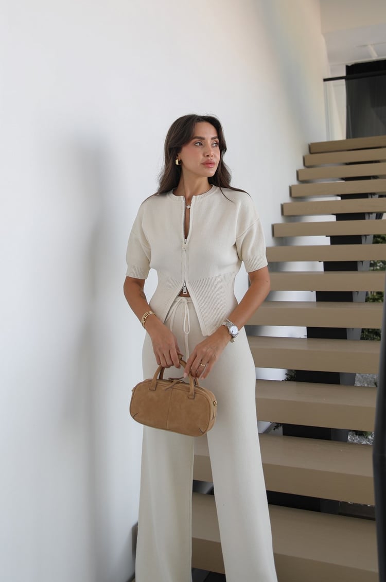 Krem Çift Fermuarlı Bluz Pantolon Triko Takım