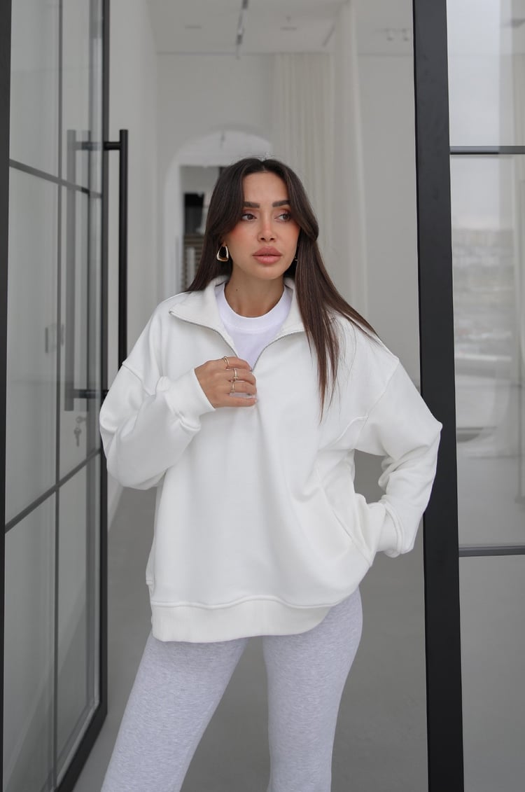 Ekru Collar Fermuarlı Dik Yaka Sweatshirt