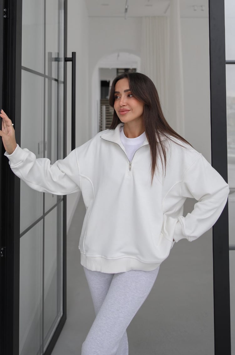 Ekru Collar Fermuarlı Dik Yaka Sweatshirt