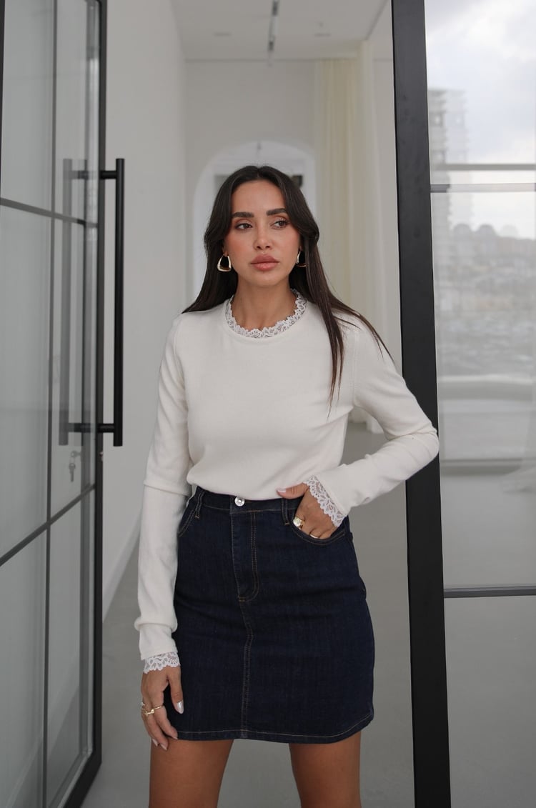 Ekru Dantelli Long Sleeve Triko Bluz