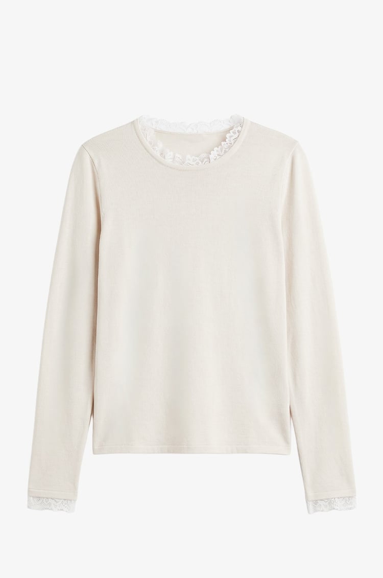 Ekru Dantelli Long Sleeve Triko Bluz