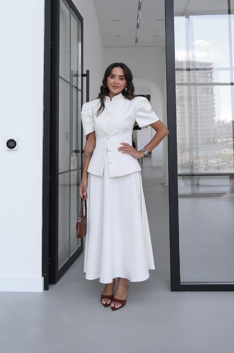 Ekru Dik Yaka Ceket Etek Takım