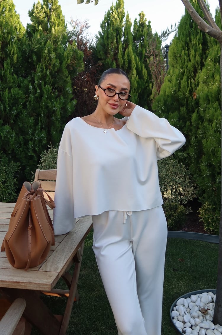 Ekru Düşük Omuz Oversize Bluz Pantolon Takım 