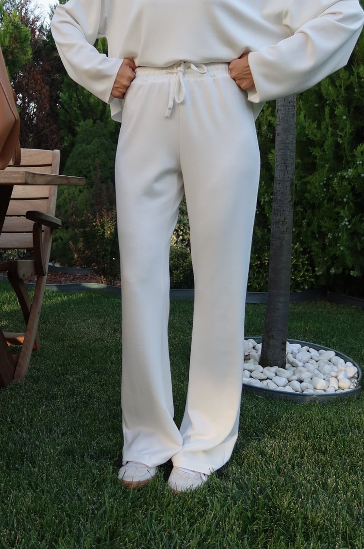 Ekru Düşük Omuz Oversize Bluz Pantolon Takım 