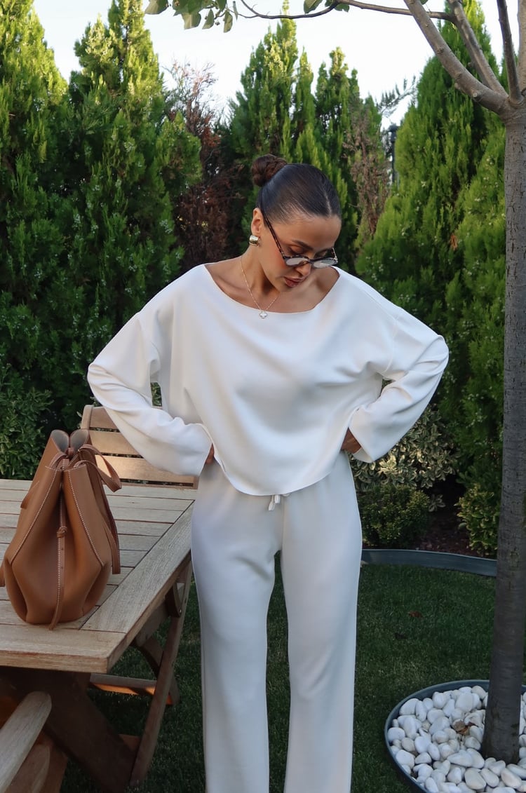 Ekru Düşük Omuz Oversize Bluz Pantolon Takım 